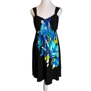 BCX Dress Womens Size XS Black Teal Stretchy Attached Bra Floral Colorful
